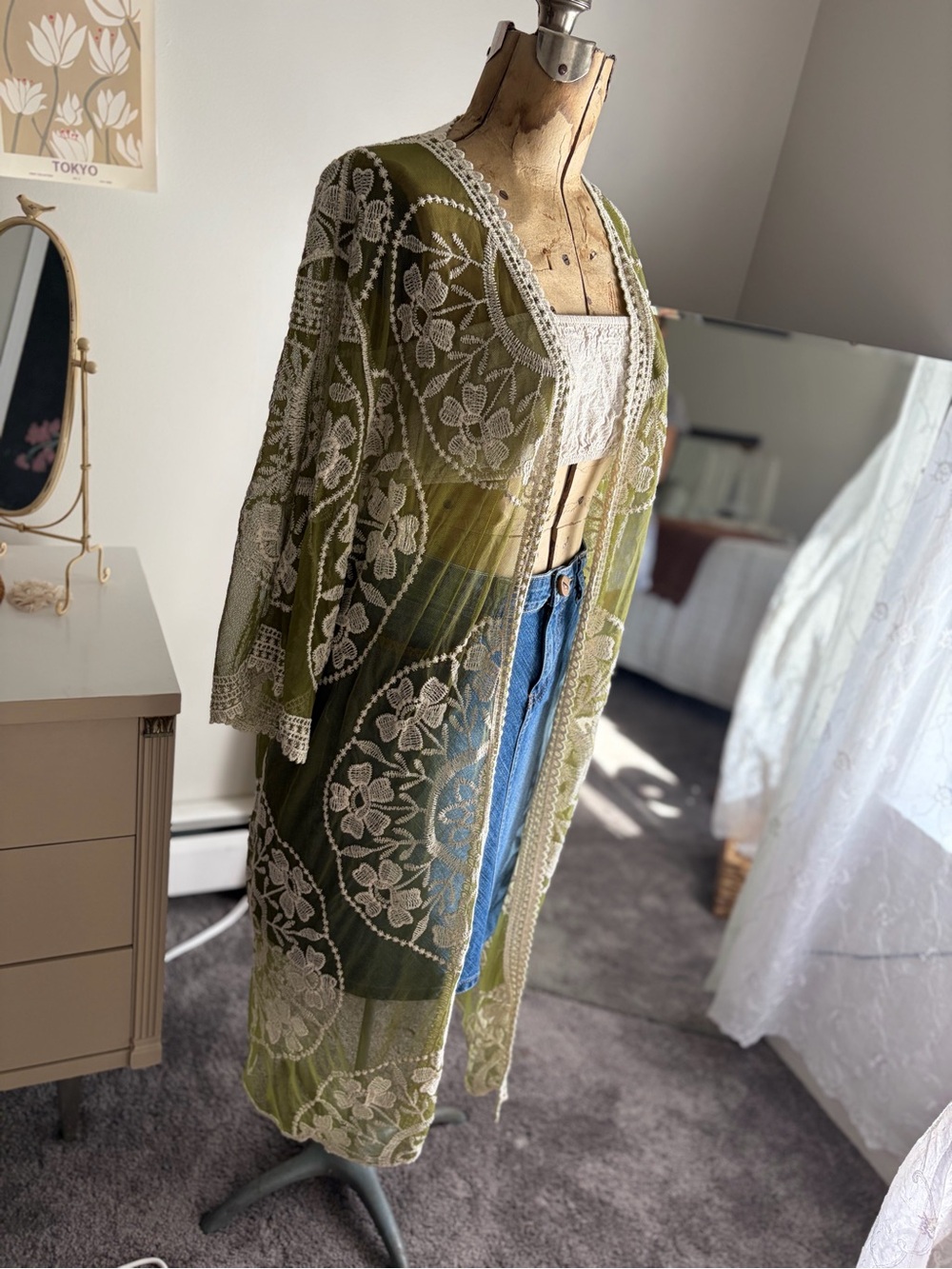 Olive Green Lace-Trim Kimono Duster- Unbranded - Picture 4 of 7
